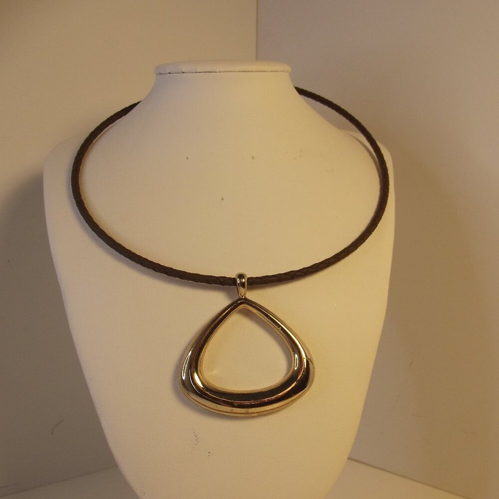 Gold Tone Triangle Pendant on Braided Brown Leather Choker Wire